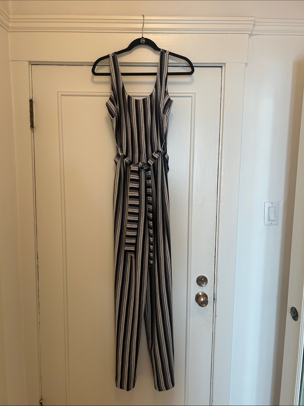 Karl Lagerfeld Black and White Striped Sleeveless Jumpsuit with Tie Belt